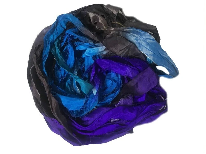 Recycled Sari Silk Ribbon - Blue Purple Brown - Sari Silk Ribbons - Silk Strips - Image 2 of 4