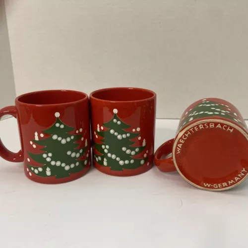 3 Vintage Waechtersbach Pottery Germany Christmas Tree Coffee Mugs, 4" Tall