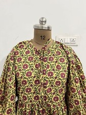 Cotton Yellow Floral Printed Dress Maxi Gown Deep Neck Dress Women's Clothing US