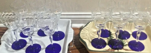 SET OF 12- WESTON Depression Glass OPTIC COBALT BLUE Foot Water Goblets Etched