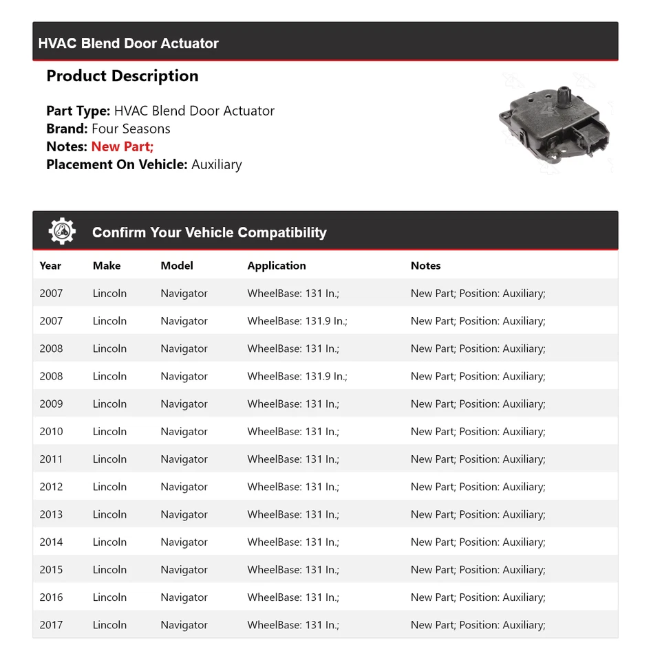 For 2007-2017 Lincoln Navigator HVAC Blend Door Actuator Auxiliary 4 Seasons - Image 2 of 4