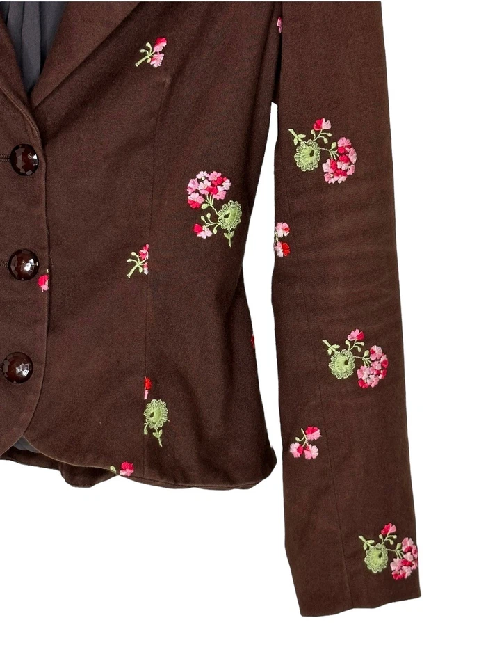 Blazer Shoshanna Mujer Floral Bordado 8 Cuello Terciopelo 3 Botones Forrado Marrón Foto 4 de 4