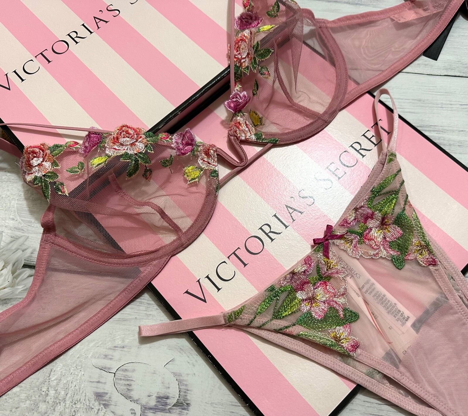 Victoria's Secret Unlined Rose Embroidered Demi Bra Brazilian Set Rose ...