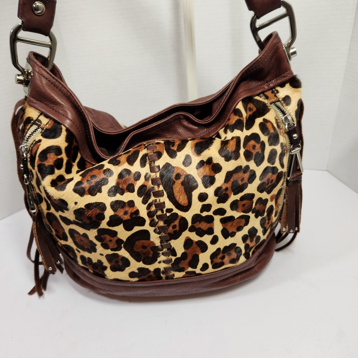 B.makowsky Cow Hair Leopard Cheetah Print Leather Shoulder