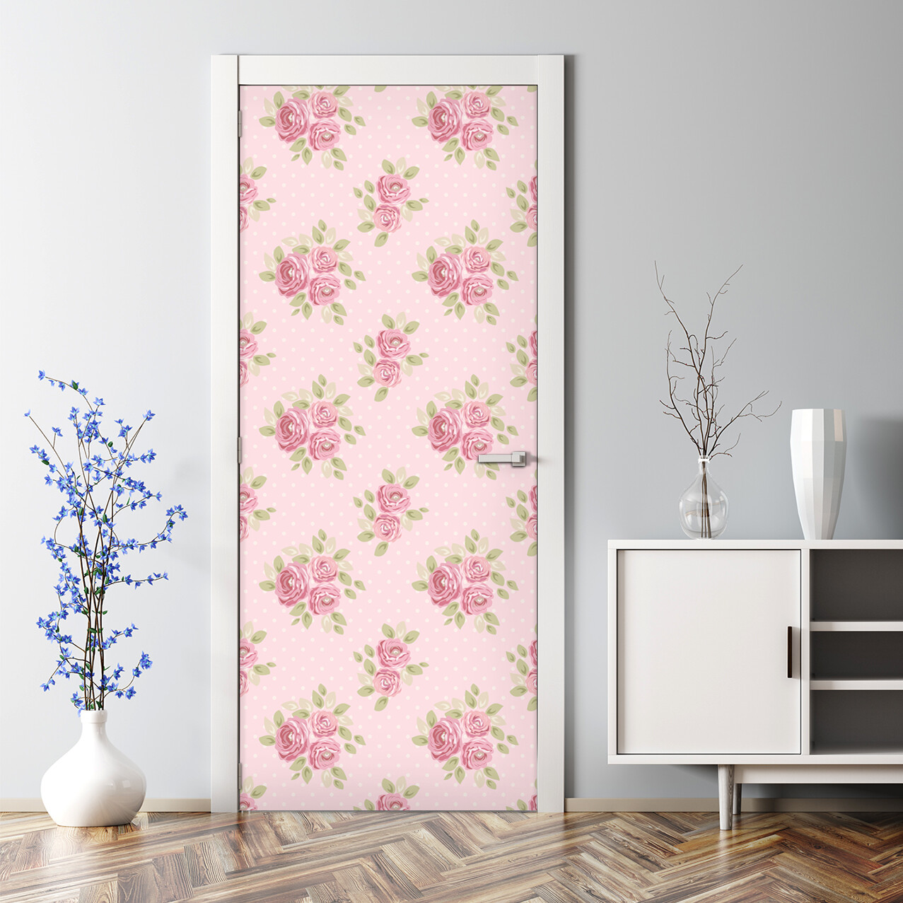 Pink set of cute shabby chic roses self-adhesive green and pink Door Decal
