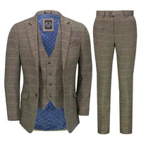 Mens 3 Piece Tweed Suit Tan Herringbone Check Retro Peaky Blinders Tailored Fit