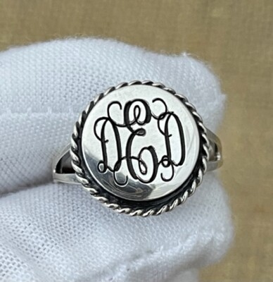 Sterling Silver Monogram Engravable Circle Round with Rope Edge Signet Ring