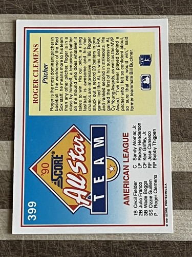 1991 Score Baseball Roger Clemens All Star Team Card 399 EBay