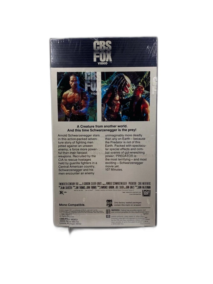PREDATOR VHS Sealed 1988 CBS FOX VIDEO Watermark 1st Run No Barcode Near Mint - Image 4 of 4