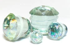 PAIR Iridescent Faceted Glass Single Flare Plugs Tunnels Gauges Body Jewelry