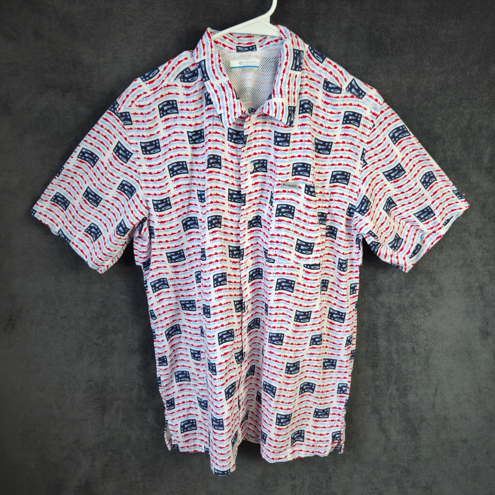 Columbia PFG Shirt Men S White Red Blue Fish Print Trollers Best Short Sleeve
