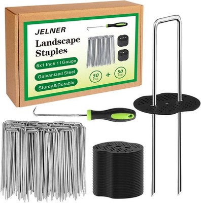 Garden Stakes 6 Inch 11 Gauge 50pcs Galvanized Landscape Staples + 50pcs Gaskets