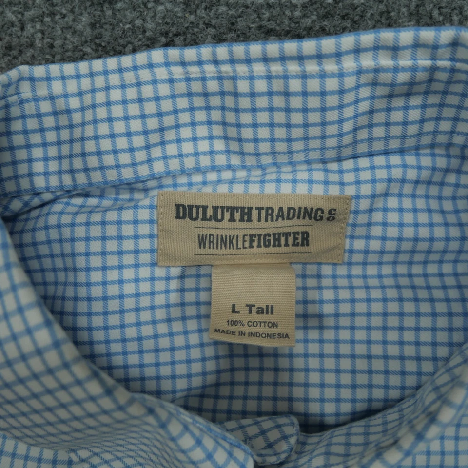 Duluth Trading Co Shirt Mens Large Tall LT Blue White Plaid Wrinkle Fighter - Image 4 of 4