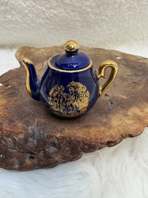 Limoges Mini Cobalt Blue Porcelain Teapot Gold Courting Couple France