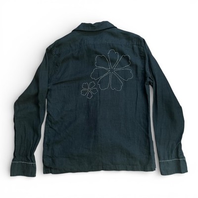 3Sixteen Black Linen Hand-Embroidered Loop Camp Collar Shirt Size Small