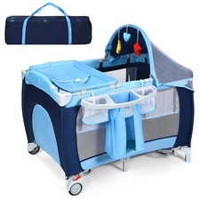 Folding Baby Crib Playpen Travel Infant Bassinet Bed Outing Net Music w/Bag Blue