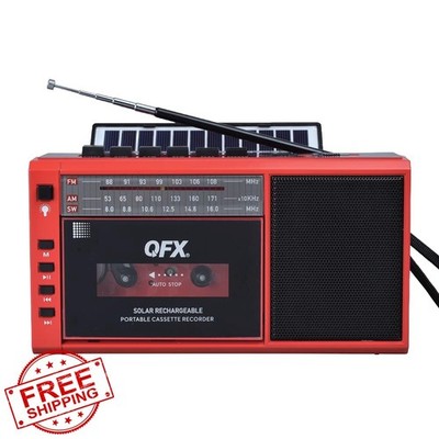 QFX Cassette Player Red Boombox Solar Panel