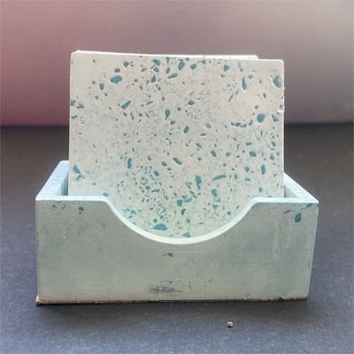 Light Blue White Speckled plaster Cork Square Coaster Set, 6 Pieces, with Holder