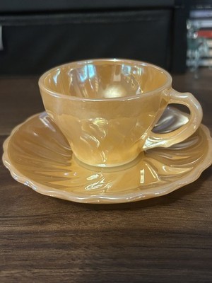 Vintage Fire King Peach Lustre Swirl Demitasse Tea Cup and Saucer Set