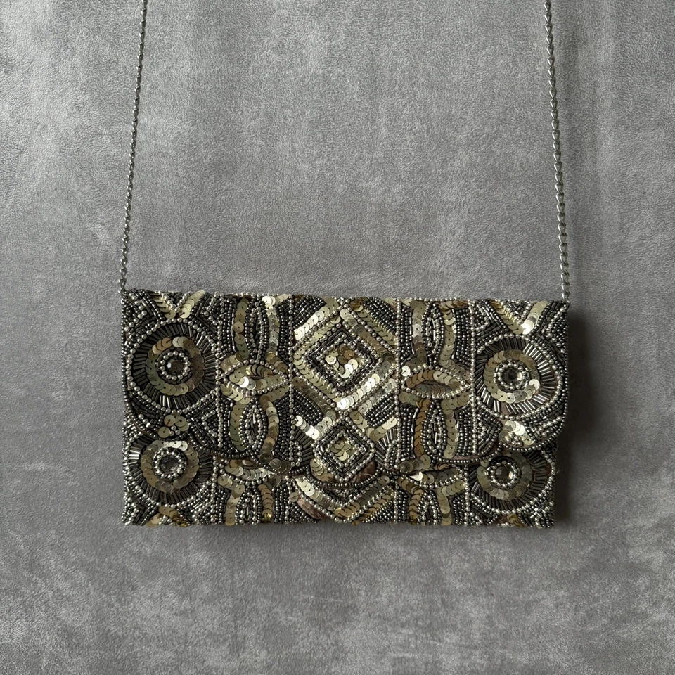 New Look Beaded Clutch Bag Gold Silver Sequin Evening Party Chain Strap Xmas - Image 4 of 4