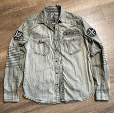Men's S. Affliction Limited Edition Premium Button Down Shirt Army Green Patches