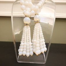 Joan Rivers necklace Czech glass beads knotted lariat tassels opaline white QVC
