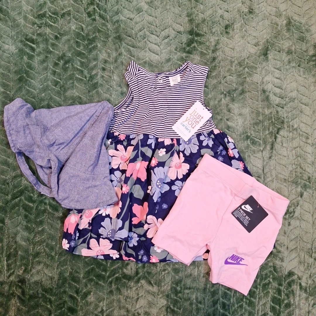 Baby Girl Clothing Lot Nike Pink Shorts 12M Floral Dress 9M Carter’s Outfit