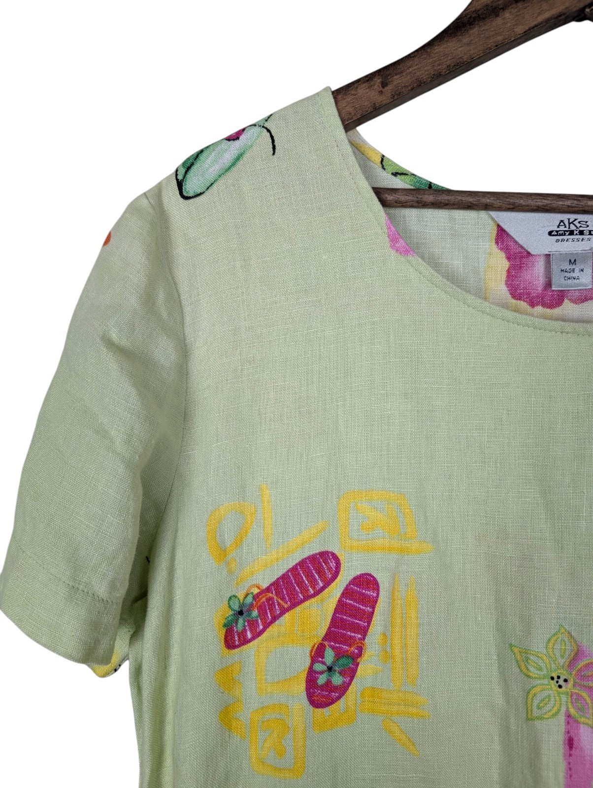 AKS Amy K Su Green Beachy Tropical Print 100% Linen Maxi Dress Size M