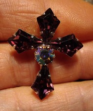 Austria Purple Aurora Borealis Crystal Cross Brooch Silver tone Vtg 1 1/8" Shiny