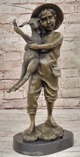 Rare Bronze Metal Statue on Marble Young Lad Farm Boy Lamb Sheep Sculpture GIFT