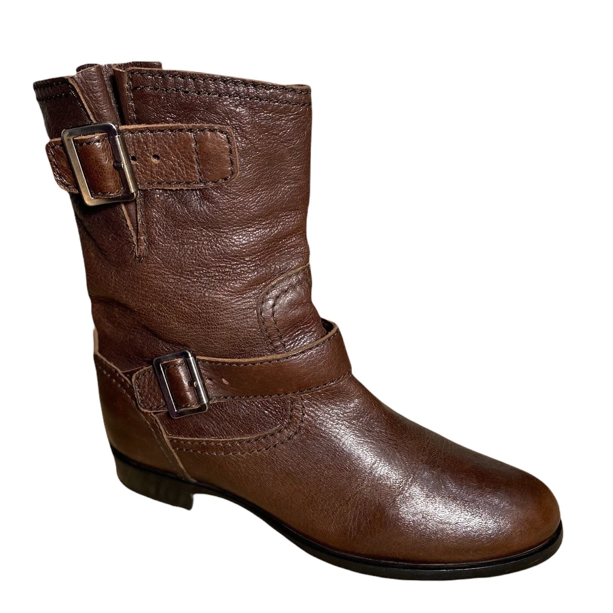 PRADA Women s Moto Boots Leather Brown Midcalf Size 38.5 US Size 8