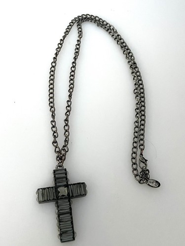 Guess Brand Large Glass Block & Crystal Cross Necklace Gunmetal Goth Long 30” - Picture 4 of 8