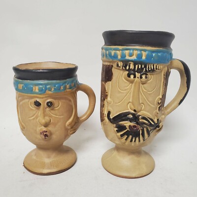 Vintage Pacific Stoneware B Welsh 1971 Man Face Beard Mustache & Blonde Queen