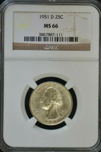 1951 D - SILVER WASHINGTON QUARTER - NGC MS66 CONDITION GEM