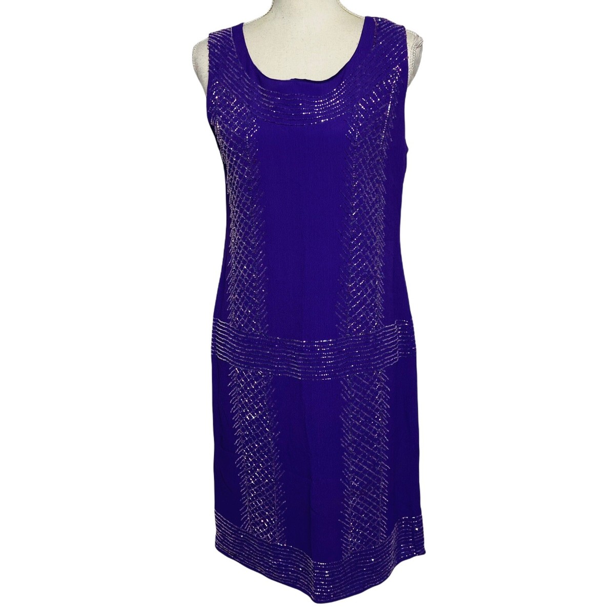 Frank Usher Women Size Purple Scoop Neck Sleeveless Beaded Cocktail Party  Dress