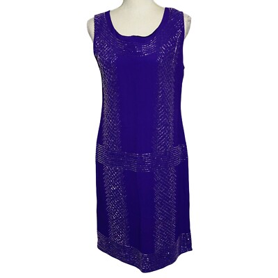 Frank Usher Women Size Purple Scoop Neck Sleeveless Beaded Cocktail Party Dress