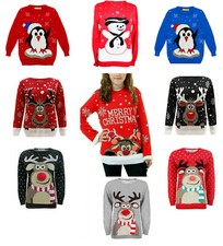 Girls Boys Christmas Xmas Bambi Rudolph Penguin Sweaters Jumper Pullover 3-14 Yr