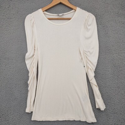 Bar III Top Womens Size Large Ivory Ribbed Rushed Long Sleeves Fitted Minimalist