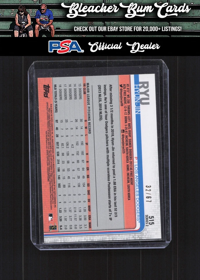 2019 Topps 515 Hyun-Jin Ryu Black #/67 - Image 2 of 2