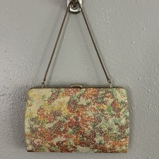 Vintage Metallic Gold Colorful Clutch Evening Bag Purse Floral Clasp Closure 60s