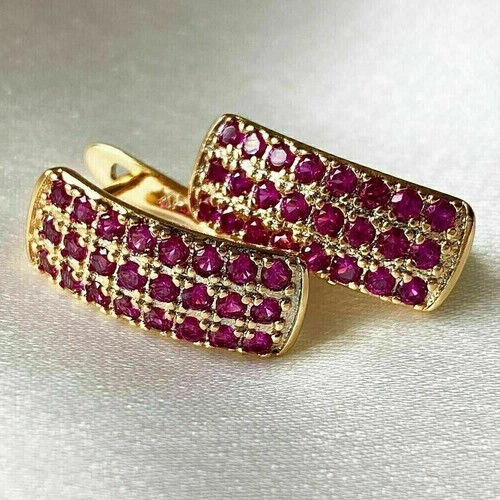 2CT Round Cut Created Red Ruby 925 Silver Hoop Huggie Earrings In Yellow Gold FN