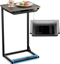 C Shaped End Table with Cubby, Reinforced Base Small Couch Tables That Slide 