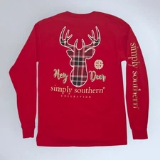 Simply Southern Holiday Classic Plaid Deer Red Long-Sleeve T-Shirt Size Medium