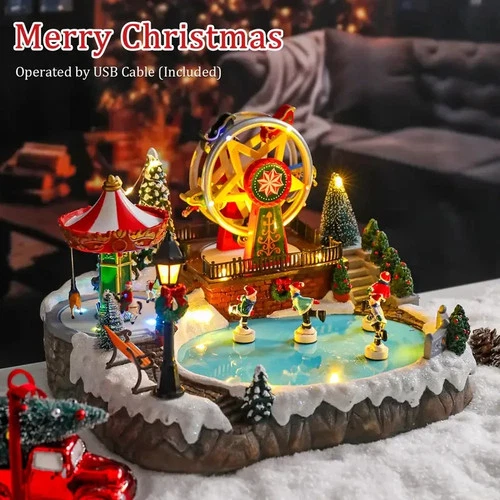 2025 ANIMATED MUSICAL LED CHRISTMAS VILLAGE AMUSEMENT PARK SKATERS FERRIS WHEEL