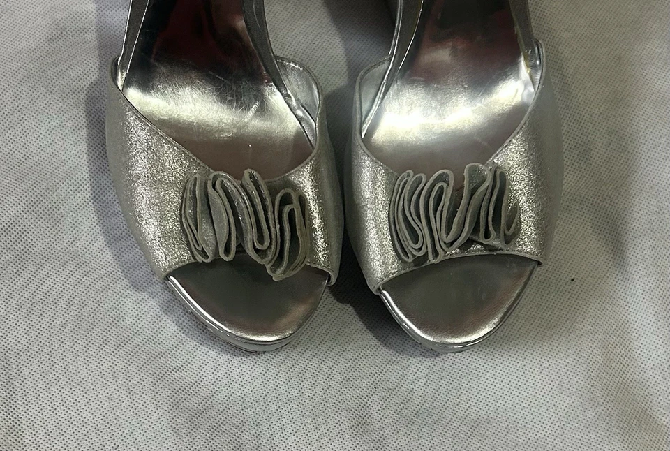 Guess Women’s Wedge Heel Shoes Size 8M Ladies High Heels Silver Block Sling Back - Image 4 of 4