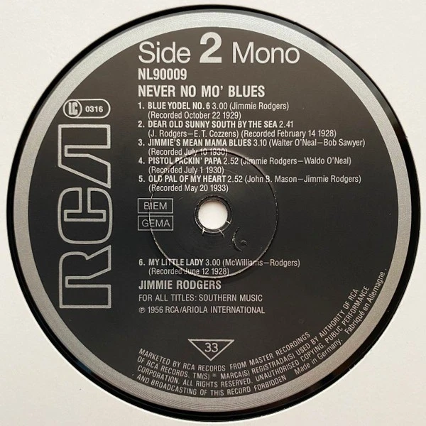 Jimmie Rodgers - Never No Mo' Blues Vinyl LP (LP Record, Album, Mono) - Image 4 of 4