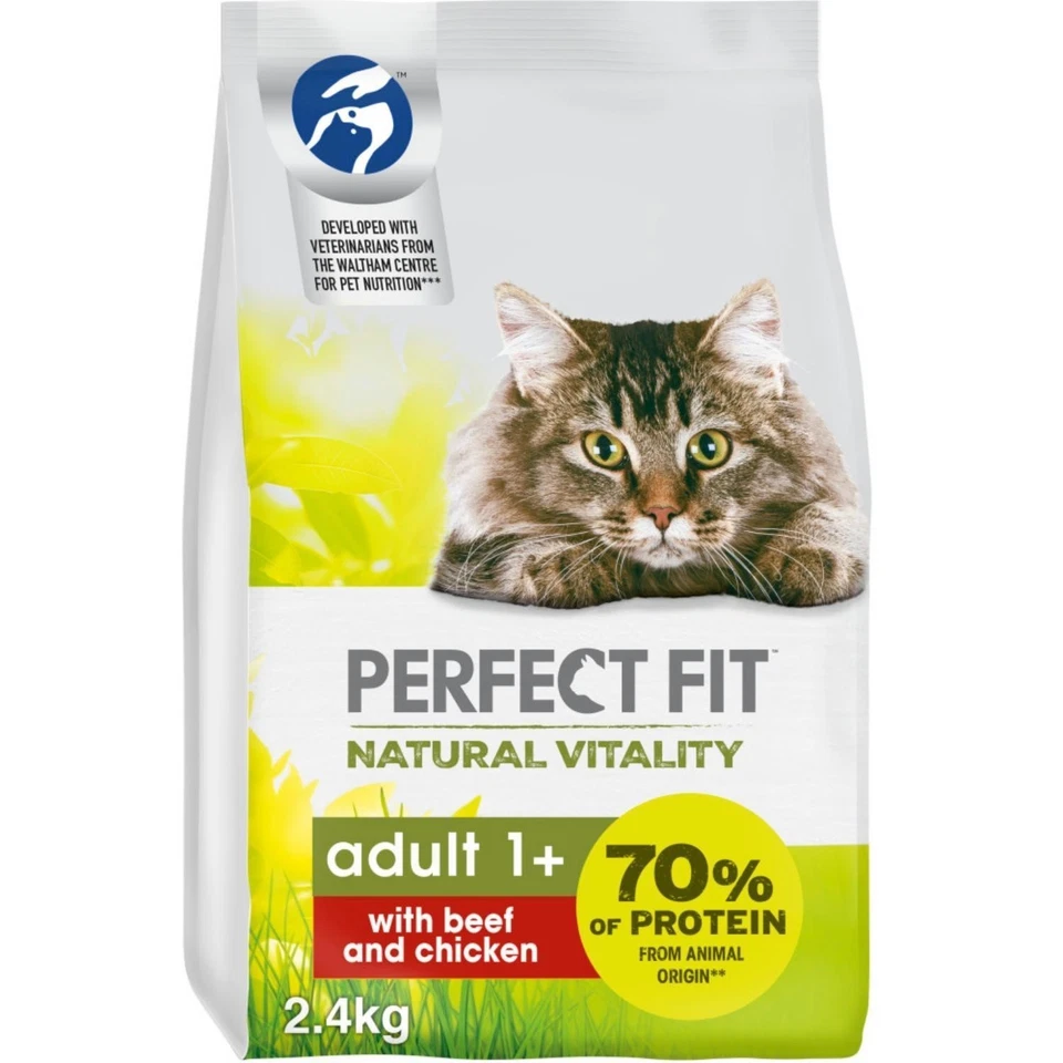 2.4kg Perfect Fit Natural Vitality Adult Complete Dry Cat Food Beef & Chicken