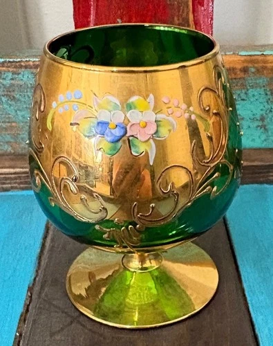 VTG Venetian Murano Emerald Glass 24K Gold Trim Hand Painted 3D Floral Brandy