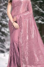 Indian Bollywood Partywear embroidery Sequin Sari Dusty Rose Georgette Saree Indian Bollywood Partywear embroidery Sequin Sari Dusty Rose Georgette Saree - Image 1