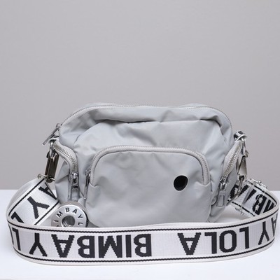 BIMBA Y LOLA Nylon Pocket Crossbody Bag Grey White Branded Strap Camera Pouch